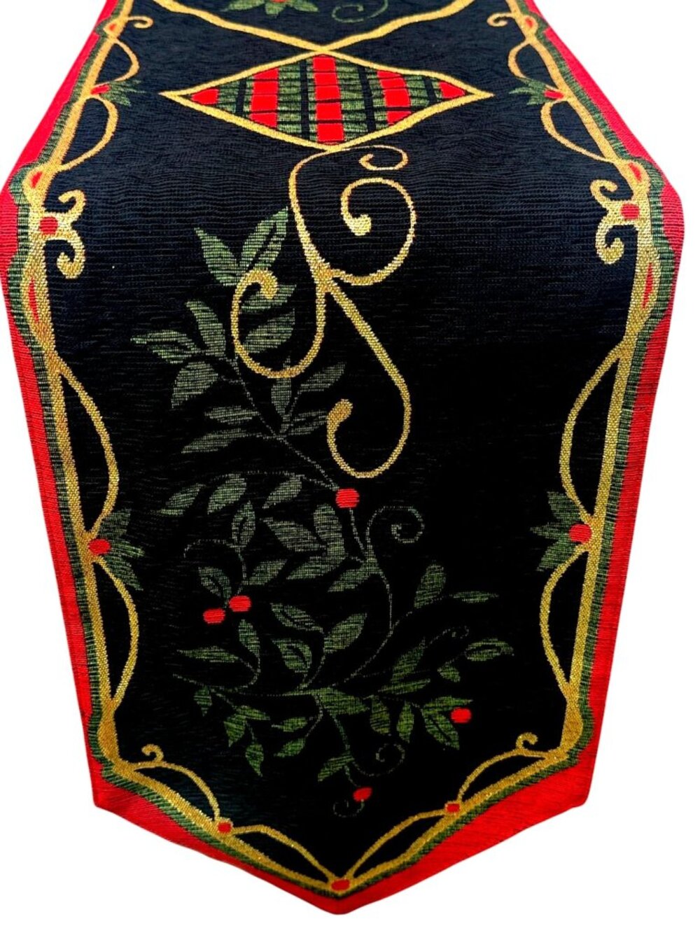 Tapestry Table Runner Black Green Leaf 72" Vintage Cottage Christmas Holiday Vtg